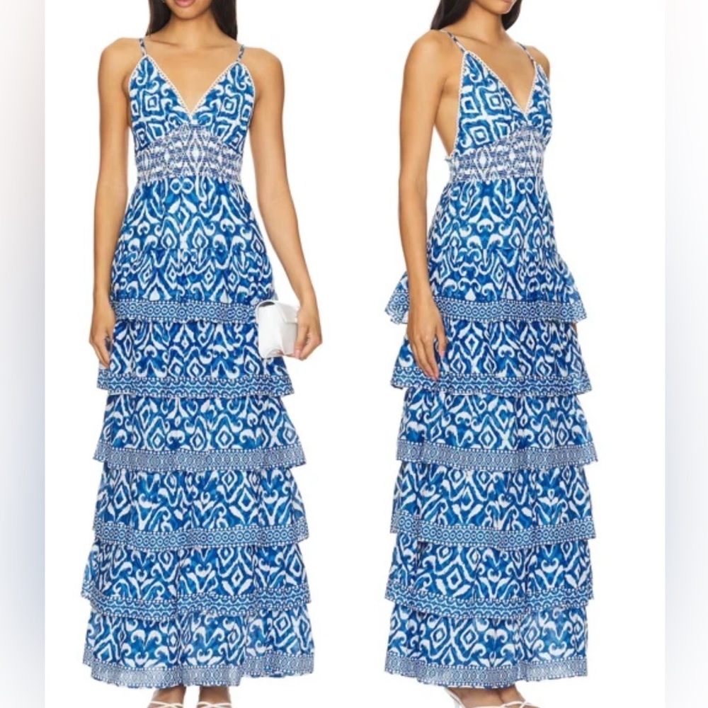 Caroline Constas Dress Women's Medium Blue Geometric Tiered Maxi Sundress Cotton
